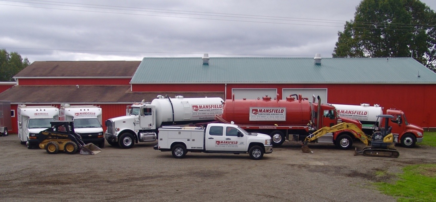 Several Mansfield Sanitation trucks and diggers ready to assist you with your plumbing emergency needs in Erie, Crawford and Ashtabula counties!