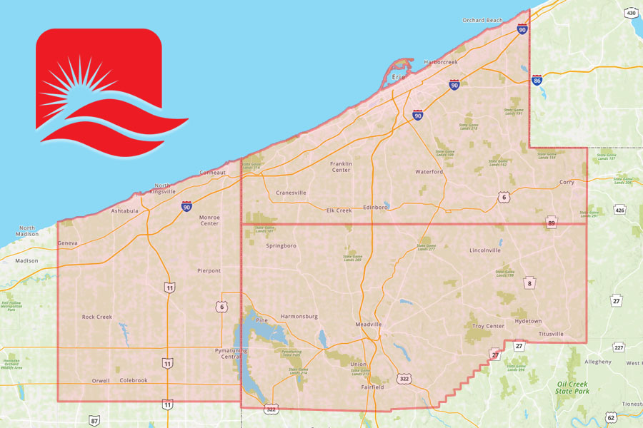 A map of Erie, Crawford & Ashtabula Counties—Mansfield Sanitation's service area.