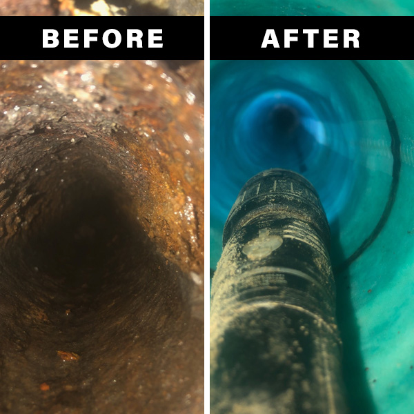 On the left, the before showing the inside of a rusted old pipe. On the right, the after showing the insipde of a clean pipe with a cure in place pipe liner.